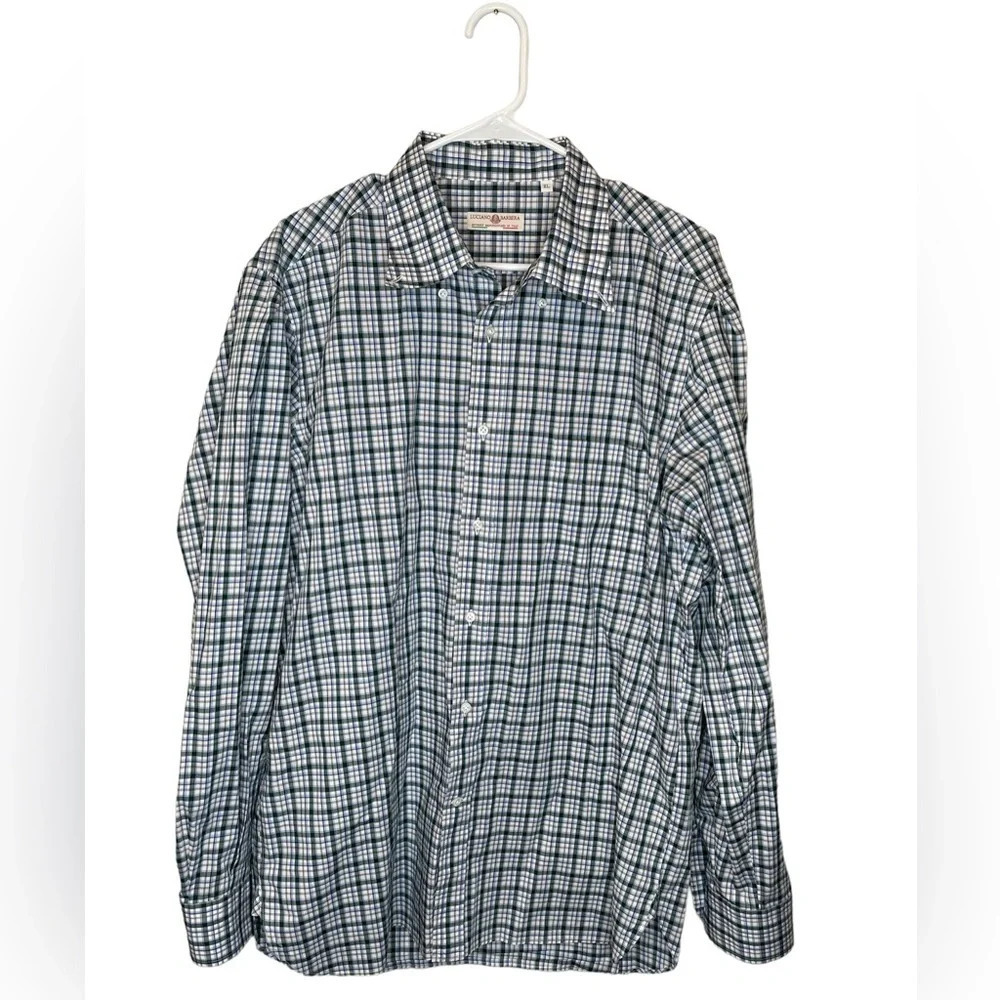 Luciano Barbera Green/Blue/White 100% Cotton Plaid Button Up Shirt Size XL Italy
